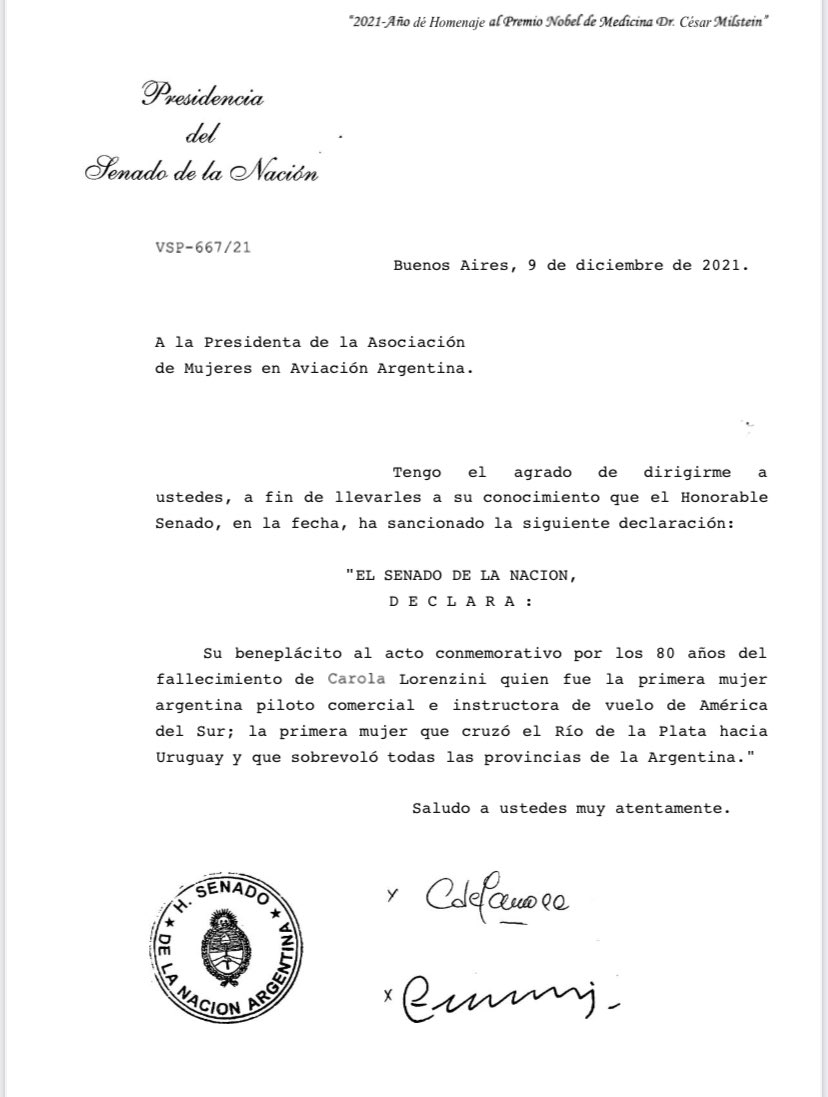 Resolución VSP-667/21.
Senado de la Nación declara beneplácito el acto que realizamos en conmemoración a los 80 años del fallecimiento de Carola Lorenzini. 🥳
