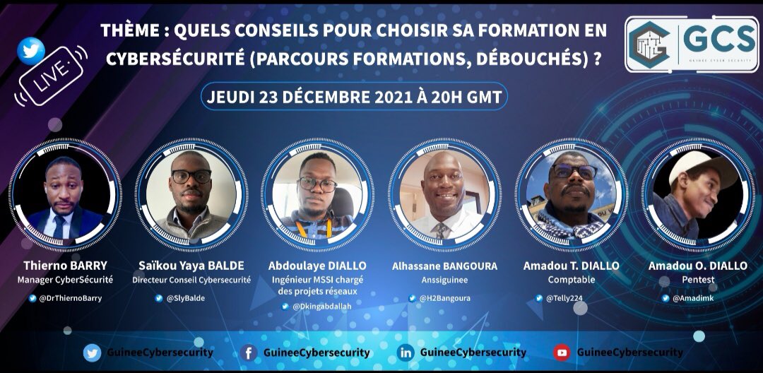 <a href="/H2Bangoura/">Elh. ALHASSANE ASEYDOU BANGOURA🧐🇬🇳</a>, <a href="/SlyBalde/">Saïkou</a>, <a href="/DrThiernoBarry/">Dr. Thierno Barry</a>, <a href="/Dkingabdallah/">Abdallah D.</a>  @amadimk et <a href="/Telly224/">Kotelly.bsky.social Ⓐ ⚙️👨🏾‍🏫🍉| #Blasé</a> seront avec nous pour partager leurs expériences et répondre aux différentes questions liées à la cybersécurité. 

Rdv le jeudi 23/12 à 20h GMT avec nos gentils HACKERS 🏴‍☠️😉