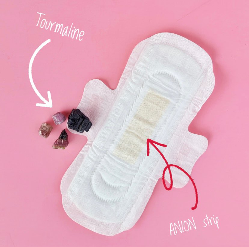 Every Genial Day menstrual pad and pantyliner has an ANION strip which contains tourmaline. Tourmaline is a gemstone that reacts to different factors your body exposes it to and in return it emits far-infrared rays to prevent skin irritation, bad odor and ease period pain. 🩸💁‍♀️