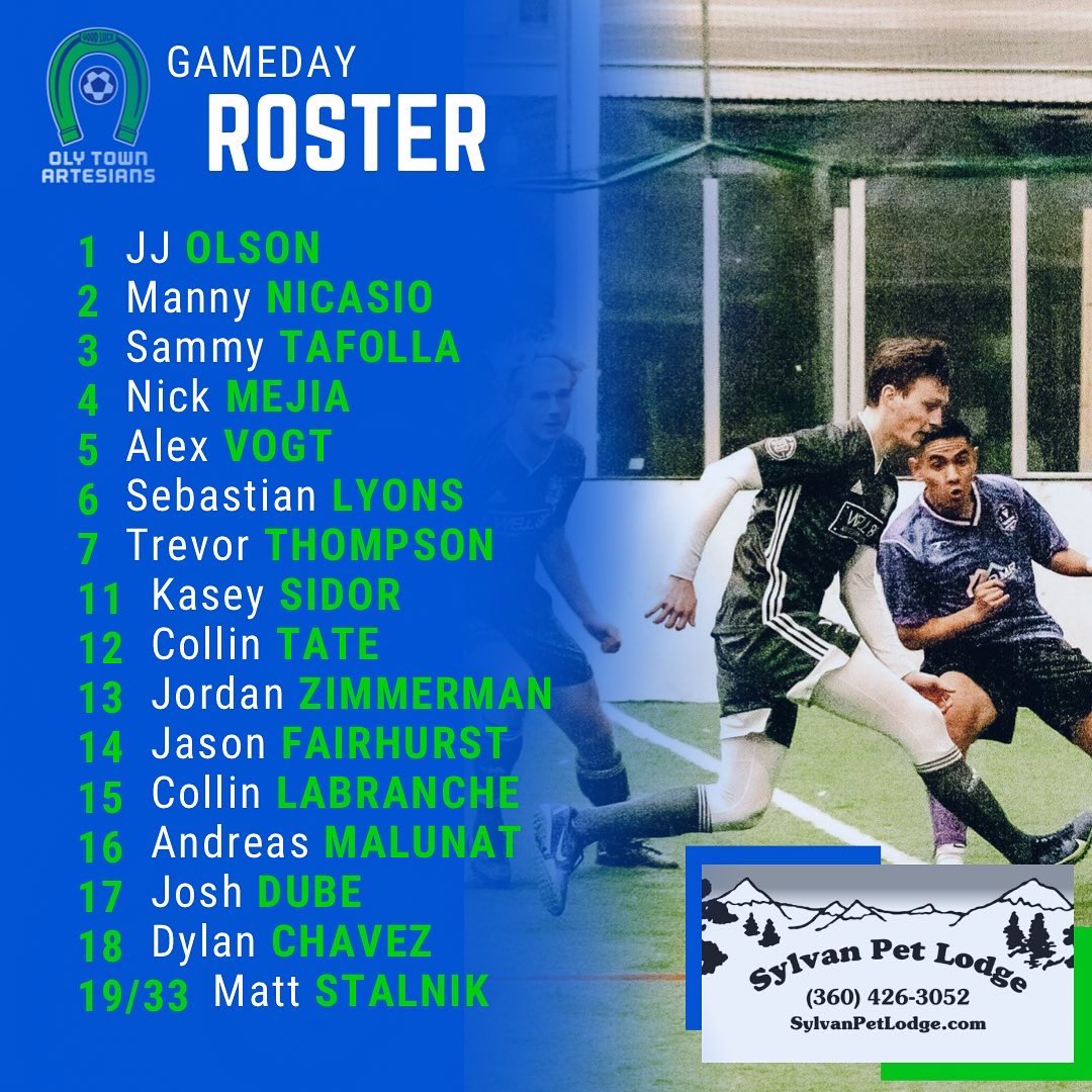 gofcoly's tweet photo. ‼️GAMEDAY ROSTER‼️

Come on over to the Evergreen State College Pavilion tomorrow night at 7PM as the Artesians host their third home game of the season against Snohomish County FC! 🎉

@WISLnews 

Sponsored by:
@sylvanpetlodge 

#OlyOlyOly 💙💚 https://t.co/TzhzpNLd5a