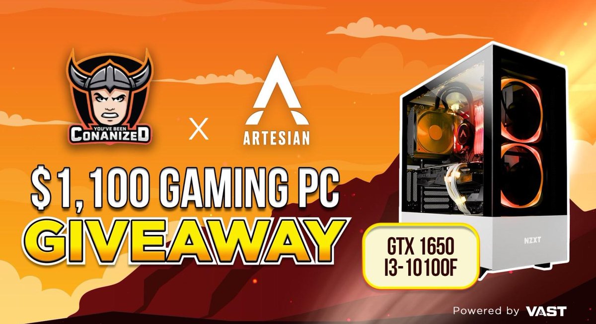 We’ve teamed up with @Conanized for this $1,100 GTX 1650 Gaming PC giveaway!

To enter, perform these actions via the link below.

Retweet and like this tweet
Follow <a href="/ArtesianBuilds/">Artesian Builds</a>
Follow @Conanized

Entries close Jan 22nd, at 11:59 pm pst.
vast.gg/giveaways/sl9a…