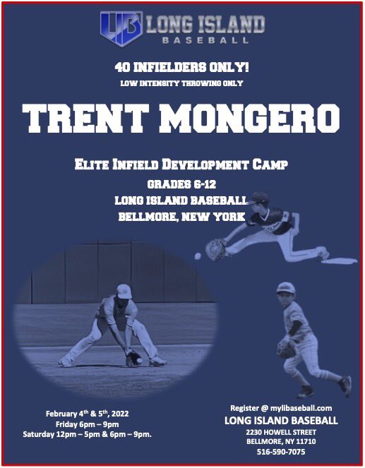 Elite Infield Development camp with Trent Mongero is coming to Long Island! mylibaseball.sportngin.com/register/form/… <a href="/TrentMongero21/">Trent Mongero</a> <a href="/EcybTournaments/">East Coast Youth Baseball</a>