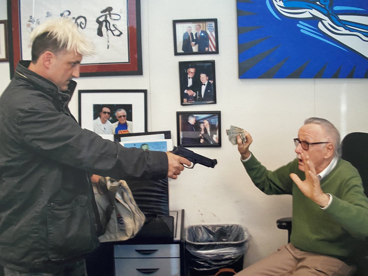 MichaelPapajohn's tweet image. yrs ago trying to rob “Stan the Man” in his office in Beverly Hills things didn’t go as planned …today I hung up the last pic in my office …thx @NukedTheFridge for making that moment possible #spiderman #Excelsior