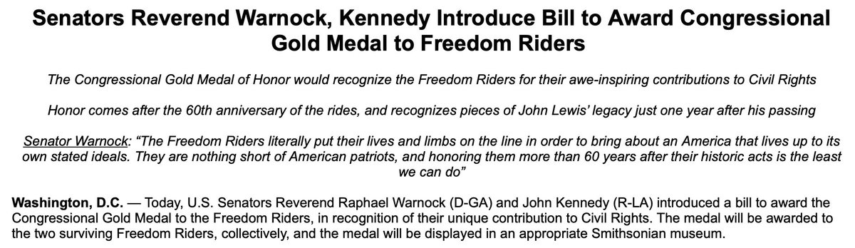 Sens. <a href="/SenatorWarnock/">Senator Reverend Raphael Warnock</a> and <a href="/SenJohnKennedy/">John Kennedy</a> introduced a bill today to award the Congressional Gold Medal to the Freedom Riders to honor their contribution to the civil rights movement. #gapol #gasen