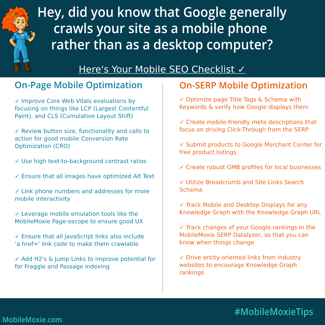 Google crawls your website for the mobile rendering, first, before any crawling for desktop rendering. If a website's content isn’t thoroughly crawlable via a mobile device, Google may not even see it for indexing! This is why mobile-first SEO optimization is so important.
#SEO