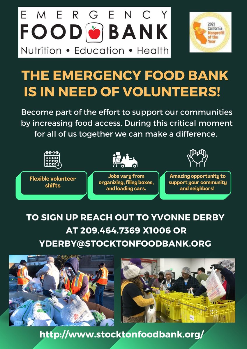The <a href="/EFBFS/">Emergency Food Bank</a> is in critical need of volunteers to continue their efforts of supporting our community by increasing food access. Together we can do more, we hope to see you out there! To sign up please reach out to yderby@stocktonfoodbank.org.