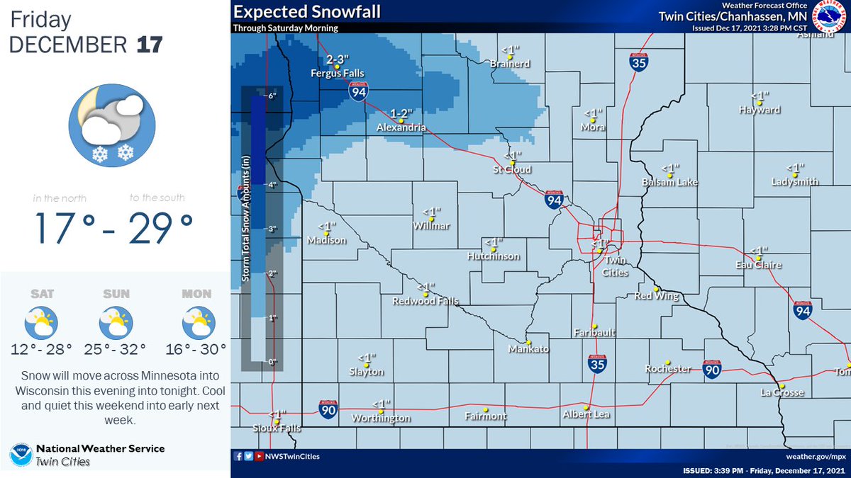Snow will move across central Minnesota this evening into tonight. Light snow chances will continue into the morning with cooler and drier weather for the rest of the weekend into early next week. #mnwx #wiwx https://t.co/1sVSyF7cBv