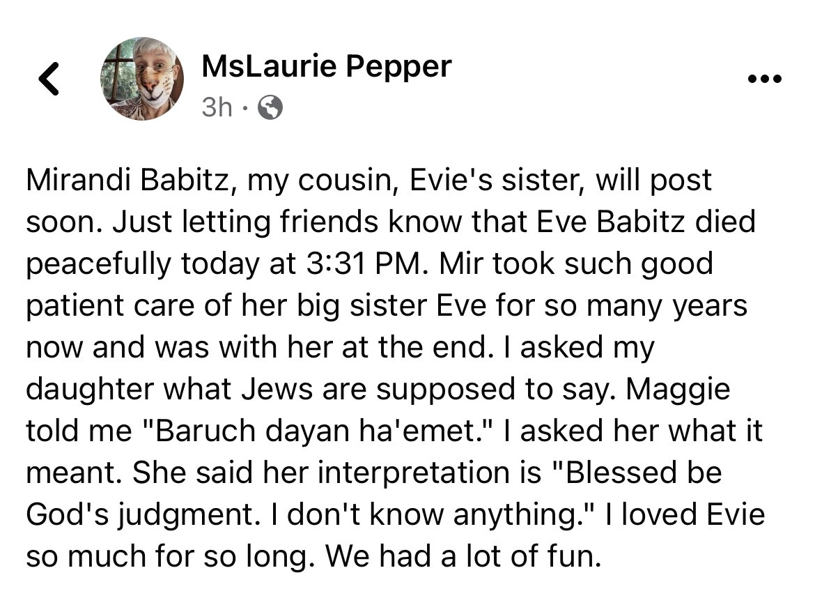 BobMehr's tweet photo. It appears the greatest chronicler of the Hollywood demimonde, the brilliant Eve Babitz, has passed (per her cousin Laurie Pepper over on FB). R.I.P. to the absolute best. https://t.co/5LVsbhKczf