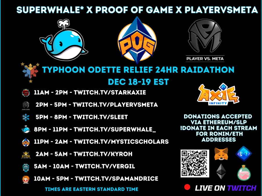Moku_HQ's tweet photo. We're devastated by the damage that has been done to our PH family. 

The @AxieInfinity community has come together to run a stream-a-thon that will be raising funds for the #OdettePH relief.

These charity streams will be running on this schedule beginning tomorrow at 11am EST: https://t.co/um8AL3lfbu