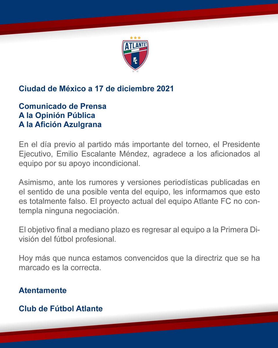 🚨 COMUNICADO OFICIAL 🚨

Sobre rumores y versiones periodísticas falsas sobre la actual directiva de nuestro equipo.

#SerAtlante #SerdeHierro #SerdelPueblo