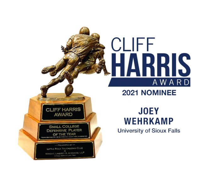 Congratulations to Joey Wehrkamp, Senior from University of Sioux Falls, on your nomination for the 2021 Cliff Harris Award! @usfcoofootball @usf_athletics <a href="/joeywehrkamp/">Joey Wehrkamp</a>