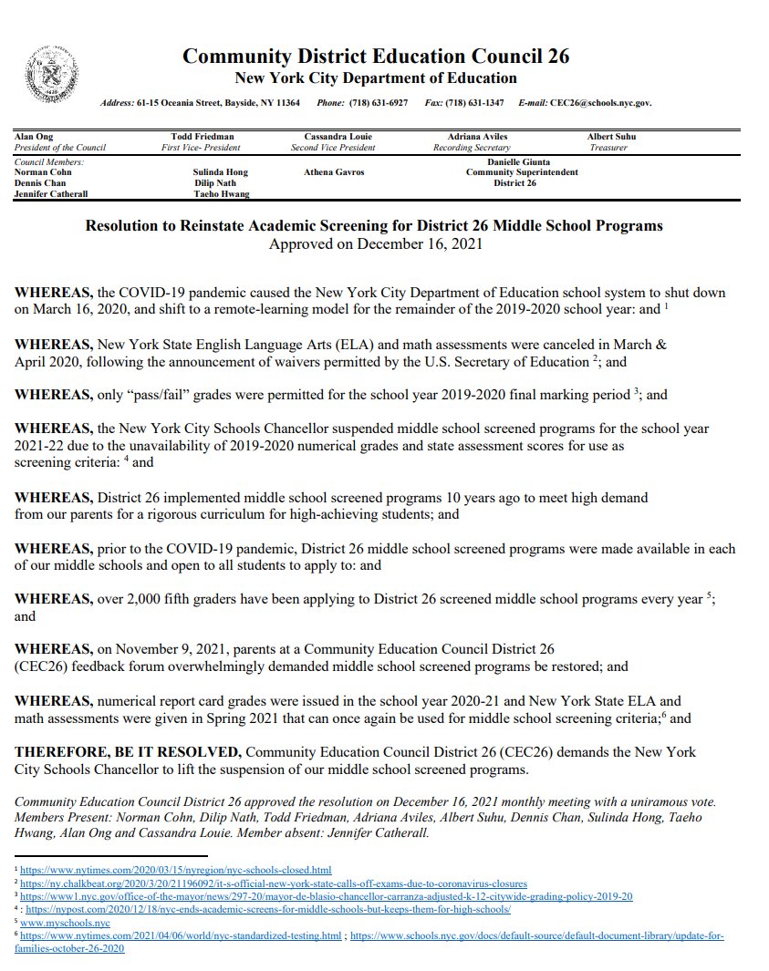 CEC26 Resolution to Reinstate Academic Screening for District 26 Middle School Programs