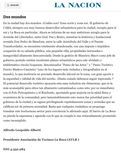 <a href="/EnriqueViale/">Enrique Viale</a> La Nación de hoy publica una carta en la que nuestro amigo Alfredo Alberti expone la deferente atención que el Gobierno de la CABA presta a la zona norte ciudad, en fuerte contraste con la desatención de la zona sur, incluyendo La Boca.