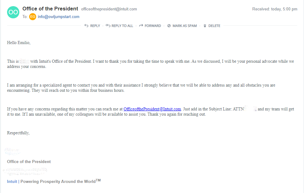 OwlJumpstart's tweet photo. After sharing the @QuickBooks scam on our social networks and others in the same situation @EileenSkylar, @laurenburgessco, @_Ahmadrabiu did too, they contacted us from the office of the President of QuickBooks, now we must wait for results.

#fraud #scammers #badservice #cfpb https://t.co/r6ucpWdupa
