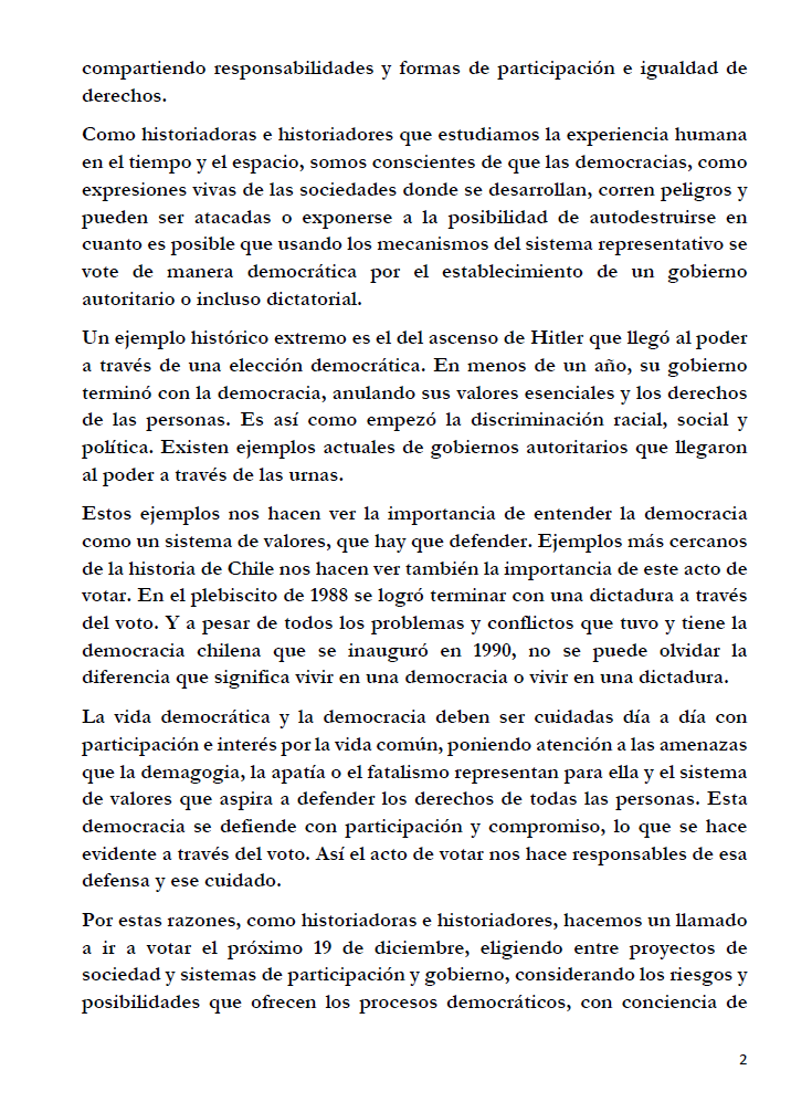 pablowhipple's tweet photo. "La democracia en la elección del 19 de diciembre". Les comparto carta que escribimos con un grupo de colegas historiadores de Historia UC, sobre los valores de la democracia y la elección de este domingo https://t.co/5BzadyN5uK