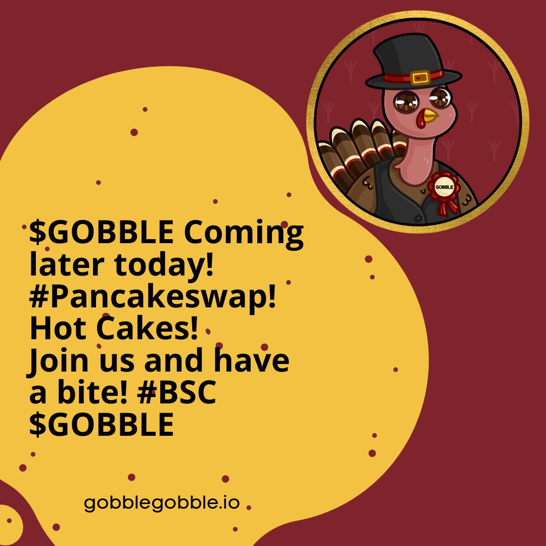 Day5 of our 12 days of Christmas, we r launching today on #Pancakeswap! #BSC We will provide the contract address &amp; further updates later today! Come join the fun! Gobble Gobble! 

GobbleGobble.io
T.me/GobbleTokenOff…

#GOBBLE #CRYPTO #BNB #BINANCE #CAKE $GOBBLE $CAKE