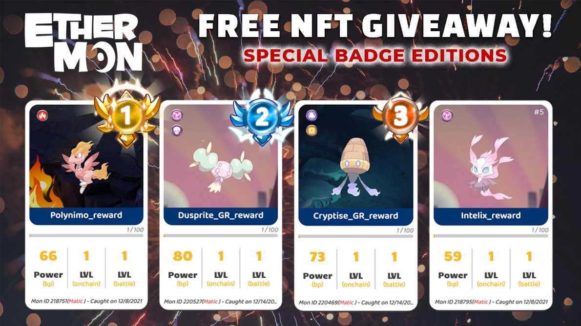 PlaytoEarnWorl1's tweet photo. To celebrate the most viewed video of 2020 on @ethermon_nft we are giving away 6 amazing #Ethermon #NFTs on the MASSIVE #NFTGiveway

Like, retweet &amp; watch the live giveaway on Dec 19@7:15 UTC for the chance to win a rare Badge Mon — 1 of the 3 first catches &amp; start earning $EMON https://t.co/PF19s9TWvR