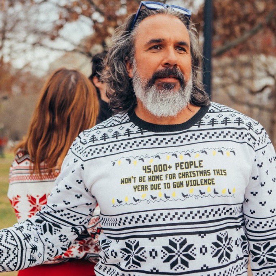 ChangeTheRef's tweet photo. Thousands of Americans die every year due to gun violence. This series of the #UgliestChristmasSweaters illustrate the hard truths our society faces. It’s on us to demand that effective measures are taken. #NationalUglySweaterDay https://t.co/A27u8OGjLc