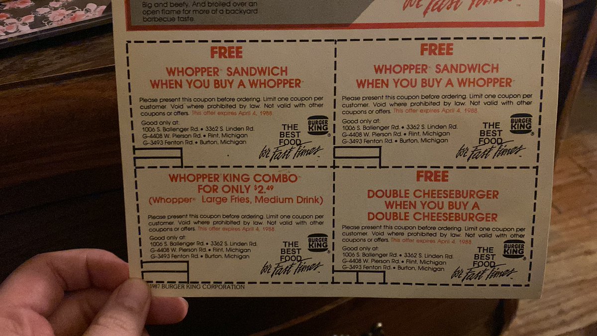 Queen_Rebel_'s tweet photo. @BurgerKing I found these while going through my late grandma’s things. It’s from 1988. I thought you would appreciate how well she kept them. https://t.co/QRxilX0Jje
