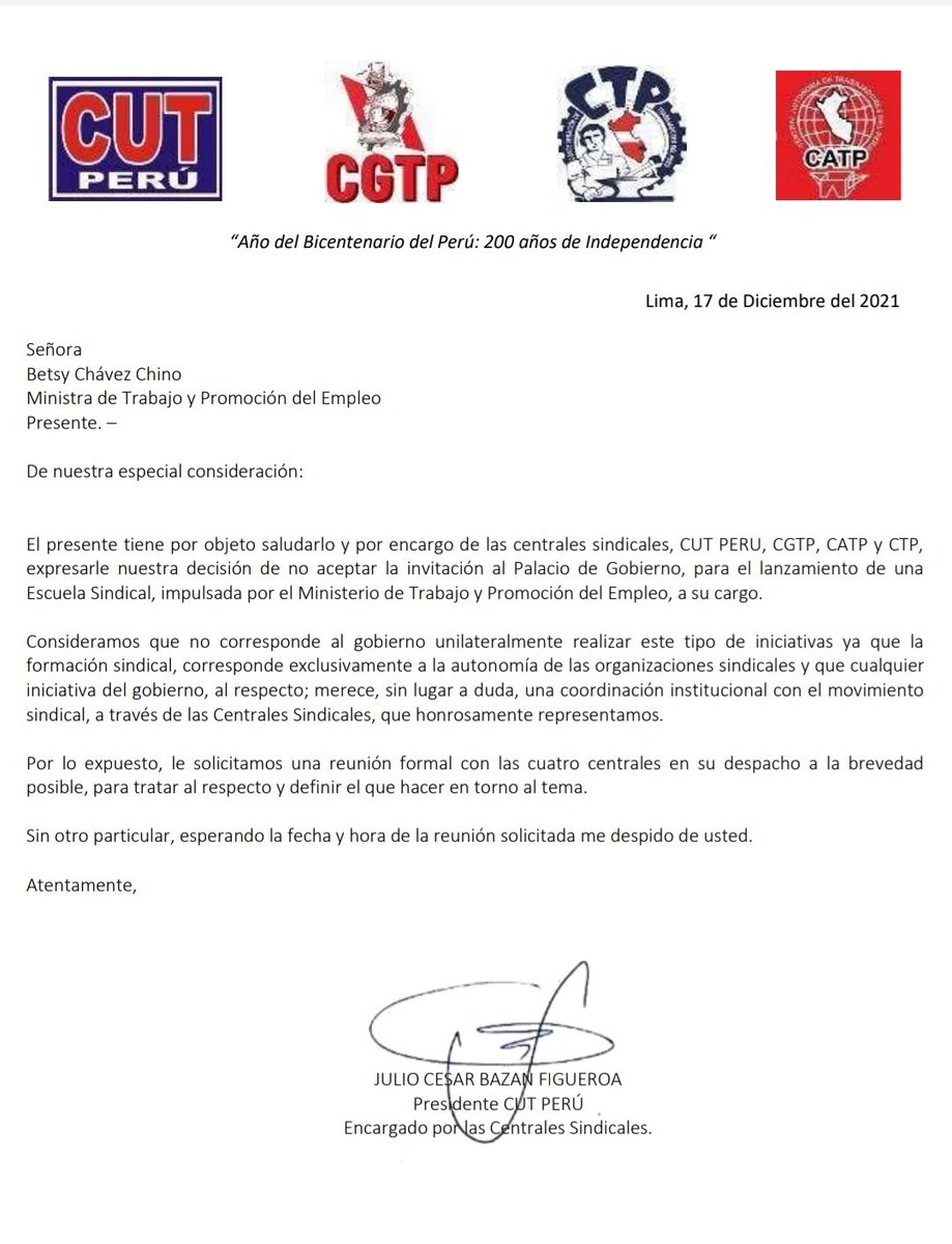 CtpPeru's tweet photo. 🔴 URGENTE | Las  centrales sindicales, CUT PERU, CGTP, CATP y CTP, expresarle nuestra decisión de no aceptar la invitación al Palacio de Gobierno, para el lanzamiento de una escuela de formación sindical. @MTPE_Peru @BetssyChavez @PedroCastilloTe
@FuerzaSindicalP @OITnoticias https://t.co/qfqSbySwLd