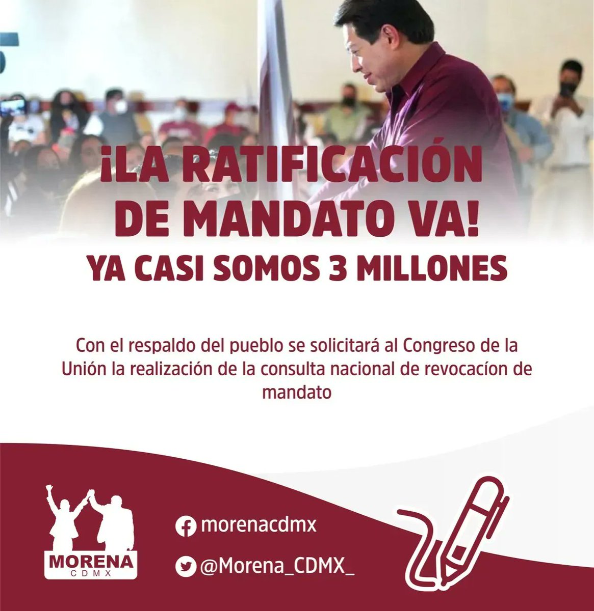 Morena_CDMX_'s tweet photo. El presidente nacional de Morena, @mario_delgado, informó que se logró reunir el requisito que el partido necesita para solicitar el Congreso de la Unión la realización de la consulta nacional de revocación de mandato. https://t.co/rHwPH8nzKg