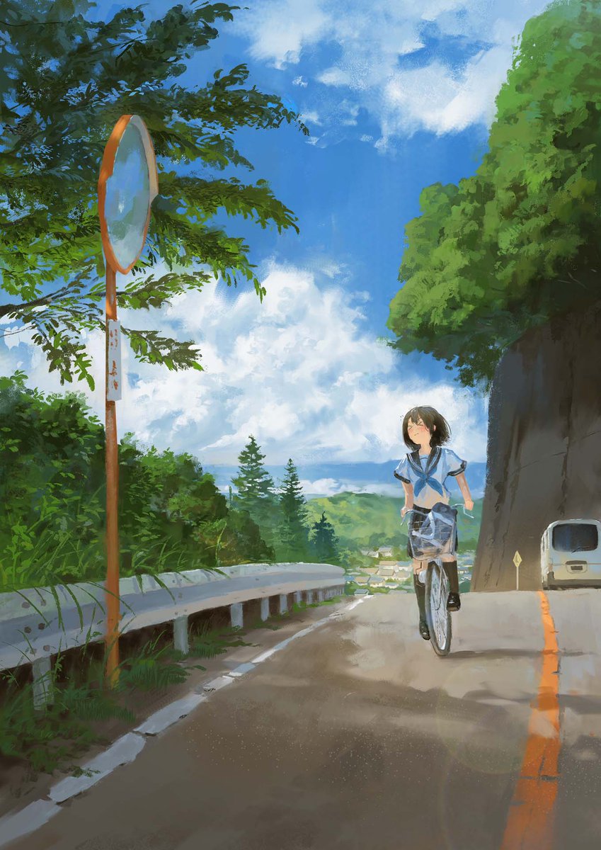 1girl ground vehicle outdoors road solo school uniform sky  illustration images