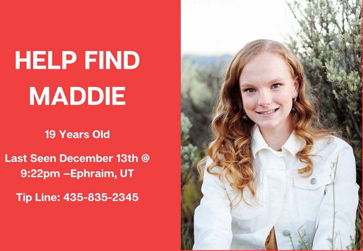 SnowCollege's tweet photo. New Update: Evidence suggests Madelyn has left the Ephraim area. She did not have access to a car nor does she have a driver’s license and would not be able to travel on her own. 

https://t.co/Y8sJKye3MW https://t.co/nIJIm8lV3N