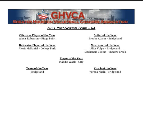 Congrats to the 2021 GHVCA 6A Post Season Specialty Awards.