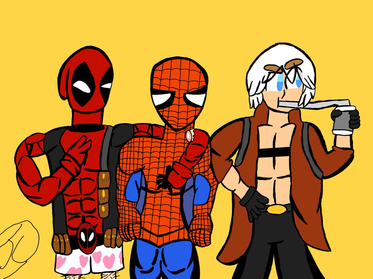 JCWArt's tweet photo. Deadpool: oh yeah I’m with the Homies Spider-Man: why am I here also why is this guy drinking from a long stroller Dante: I just wanted to #The3BestFriend https://t.co/GCP640M24E