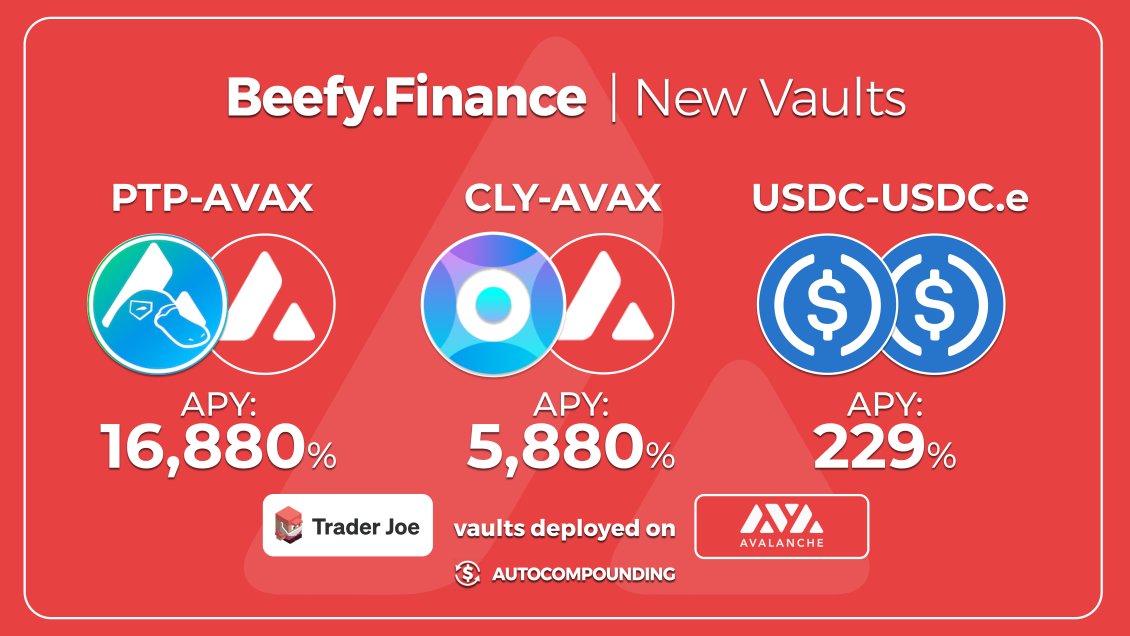 beefyfinance's tweet photo. Beefy's #Avalanche Network keeps growing with 3 exciting @traderjoe_xyz vaults.

🔺 $PTP - $AVAX LP: 16,880% APY

🔺 $CLY - $AVAX LP: 5,880% APY

🔺 $USDC - $USDC.e LP: 229% APY

Hot Stuff Here 👉 https://t.co/AIYiGR9JVE

#Platypus @Platypusdefi #COLONY @Colonylab #USDC #AVAX https://t.co/5or98nrhI8