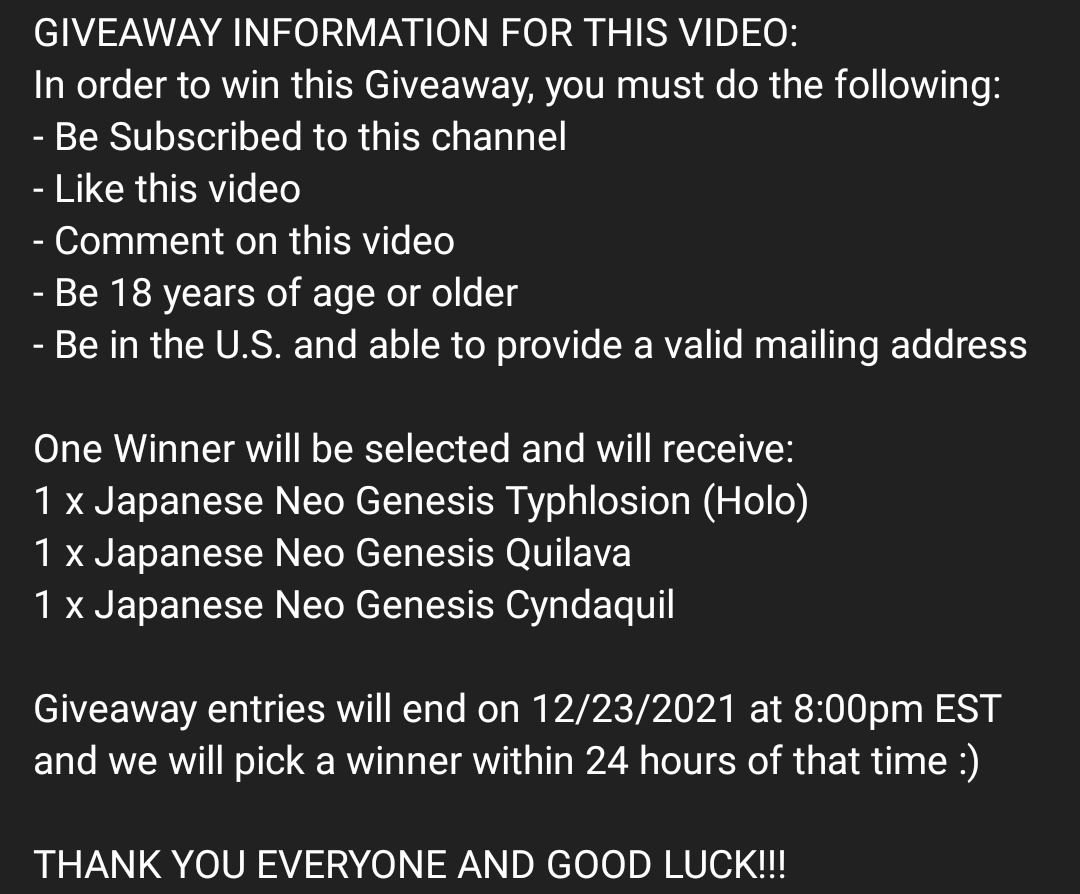 SteeloAndKri's tweet photo. 🔥 Japanese Neo Genesis Typhlosion Full Evolution Line Giveaway 🔥

One subscriber will win all cards pictured!

To enter:
1. Subscribe, Like and Comment our new video https://t.co/ata3Zg5hZe
2. ... That's it!

🙏 RT/Share if you can!

US only. Winner will be selected 12/23! 🎉 https://t.co/rQTYjv0igI