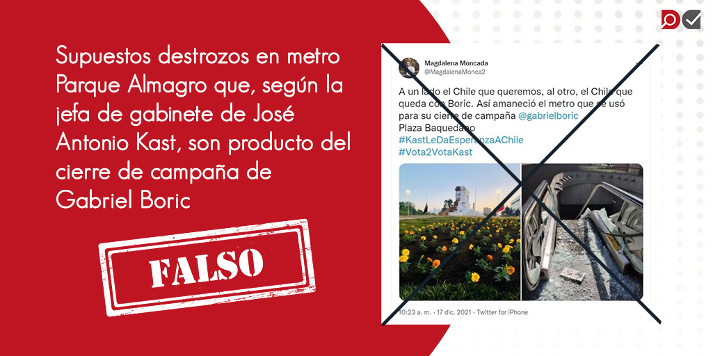 Desde Metro descartaron registro de destrozos en la estación Parque Almagro. Además, la imagen utilizada por la jefa de gabinete de <a href="/joseantoniokast/">José Antonio Kast Rist 🖐️🇨🇱</a> es en realidad del 18 de octubre de 2019. wp.me/pcf0If-1Ck