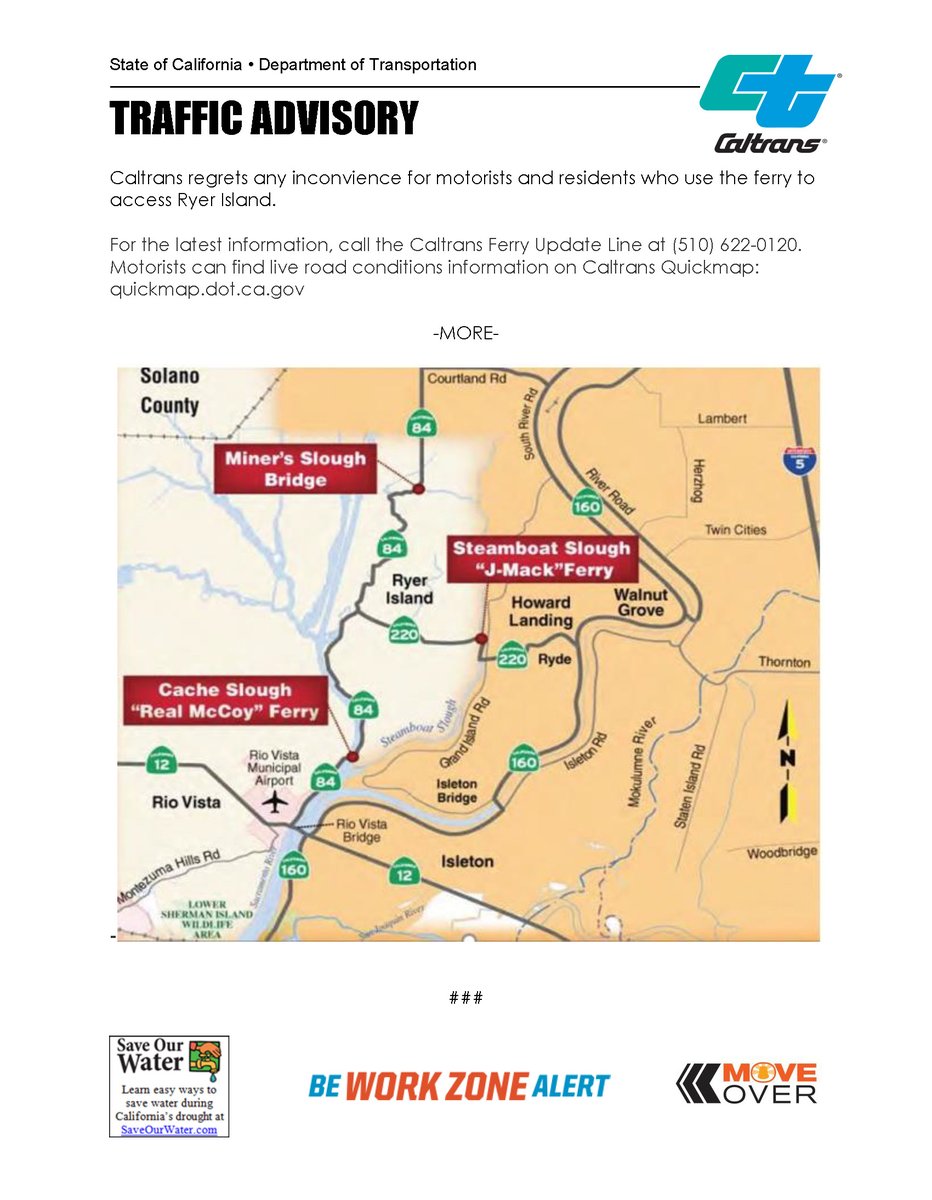 Delta Ferries operating on reduced schedule due to staff shortage starting Dec. 24, 2021; Motorists are encouraged to use State Route 84 Miner’s Slough Bridge.

See attached.