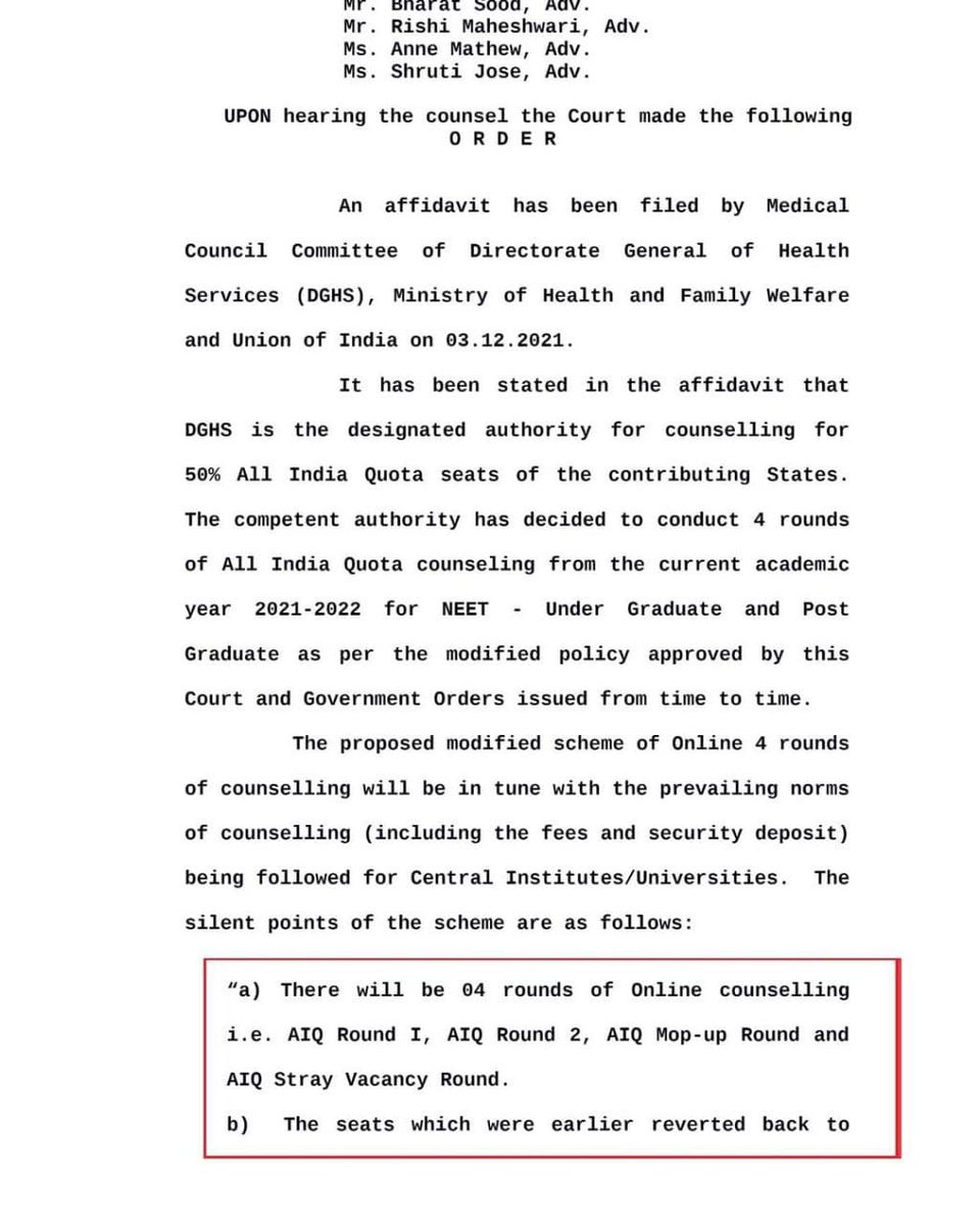 srishtii_05's tweet photo. A GOOD decision by Hon'ble Supreme Court of India for 15% AIQ UG  seats and 50% AIQ in PG seats counselling done by MCC.
Now AIQ seats which were earlier reverted back to states are to be filled up by AIQ students only.

अब से दो नहीं, 4 Rounds की काउन्सलिंग होगी।
#NEET https://t.co/5PBUoCDigH