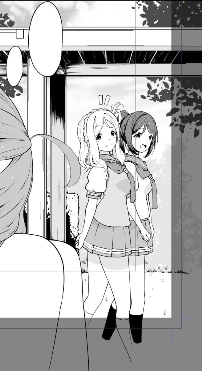 設定資料とか見てないから漫画版からの推測で描いてたけど渡り廊下の位置を90度間違えてる気がする。でも構図的にそこは歩かんやろってなりそうだからわいの漫画の浦の星女学院はホグワーツみたく建物が動く設定にした 