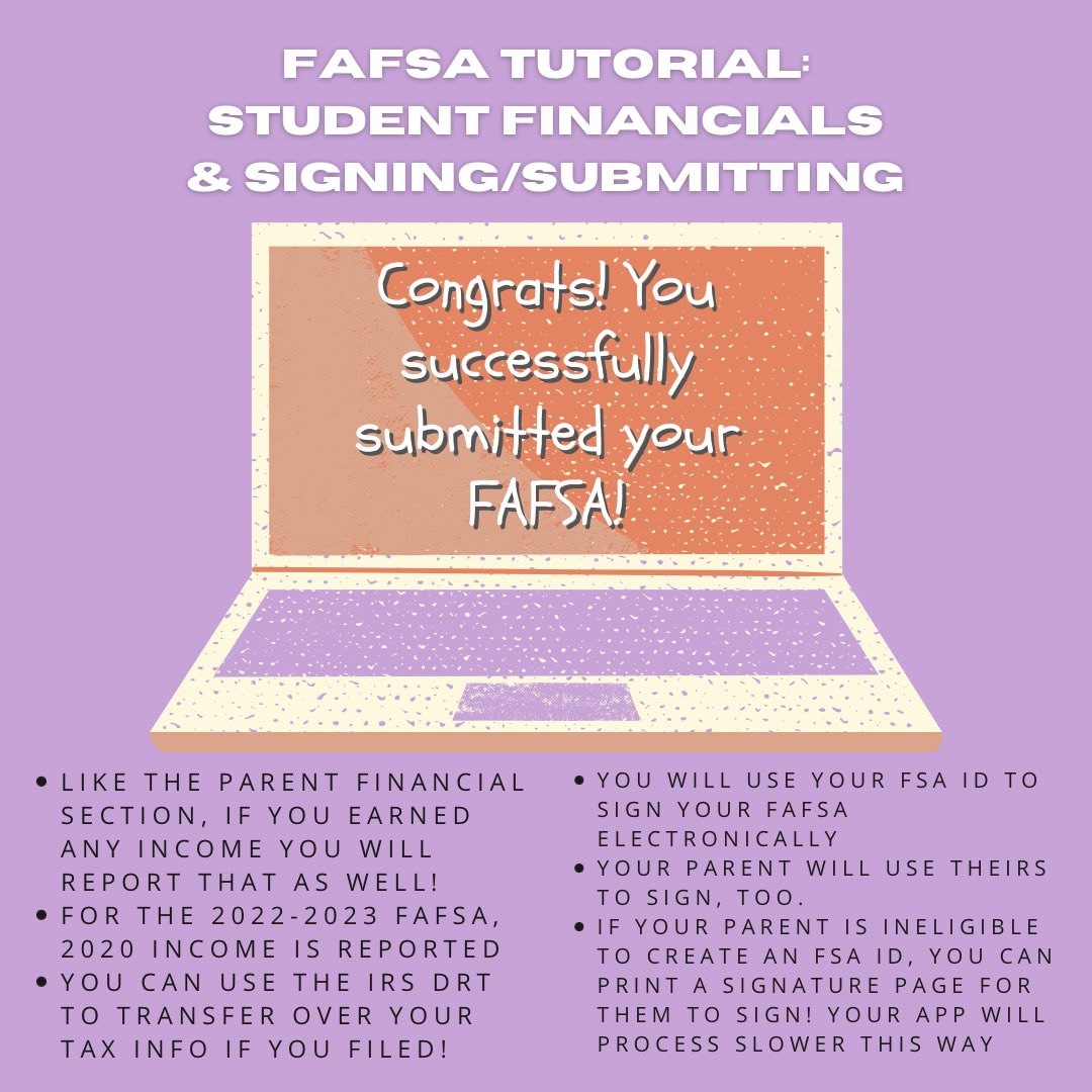 N_CARETN's tweet photo. You’re almost finished with your #FAFSA!🎉 Report any income you earned in 2020 under the student financial section &amp; sign &amp; submit using your FSA ID, and you’re done! 

Here’s a YouTube tutorial walking you through the last steps: https://t.co/5SqJieIipn https://t.co/wwjVXzrGK2