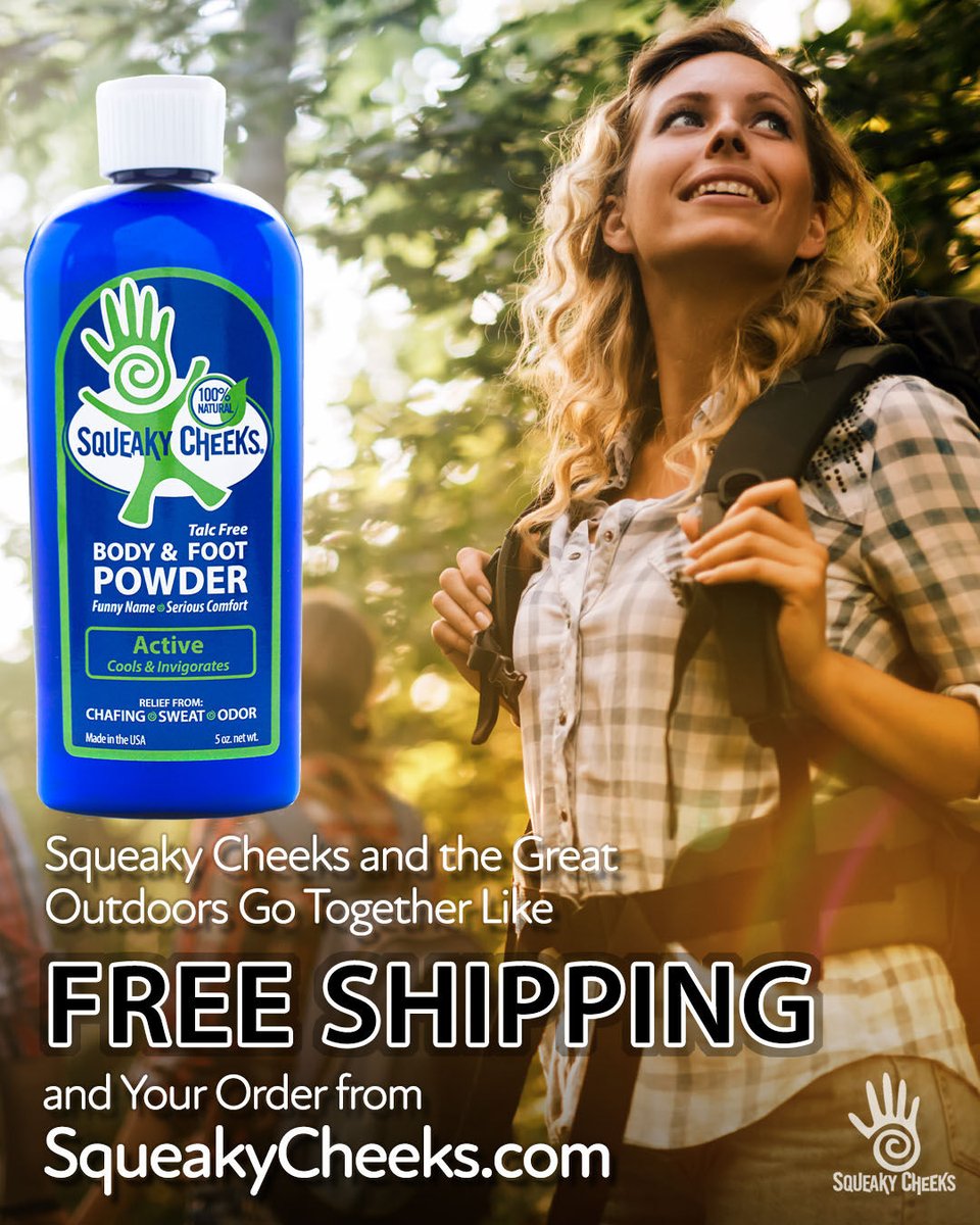 NoSqueak's tweet photo. Squeaky Cheeks is 100% all-natural and belongs with you in the great outdoors.

Sweat, odors, and discomfort on your body or feet? Squeaky Cheek it. Learn more about our talc-free natural products and FREE shipping at https://t.co/q67Kpd9kHv.

#squeakycheeks #babypowder #running https://t.co/AoYyCELPSg