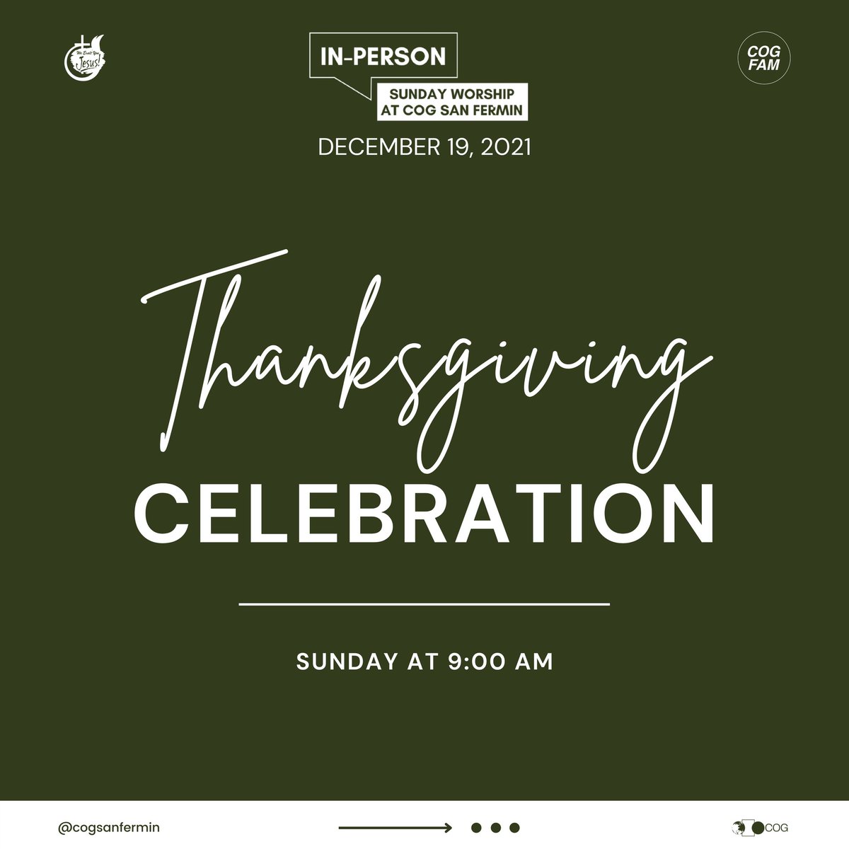 COGSanFermin_'s tweet photo. Our God deserves all our praises and worship!

Come and join us in our THANKSGIVING CELEBRATION &amp; PASTOR'S APPRECIATION DAY this Sunday, 19 December 2021 at 9:00 AM. 

Invite your family and friends as we fill the sanctuary with a celebration! See you, church!

#cogsanfermin https://t.co/caCTqFjcax