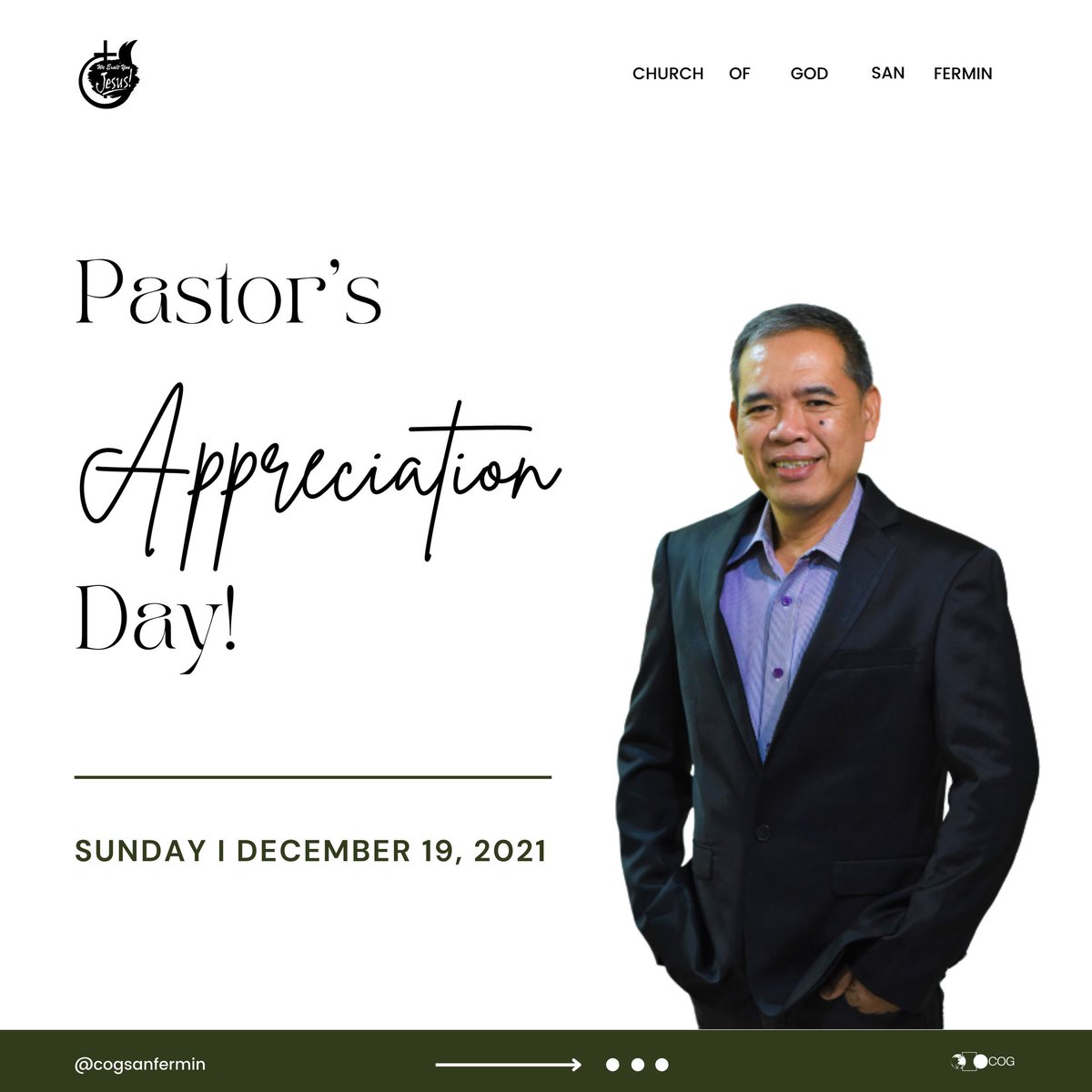 COGSanFermin_'s tweet photo. Our God deserves all our praises and worship!

Come and join us in our THANKSGIVING CELEBRATION &amp; PASTOR'S APPRECIATION DAY this Sunday, 19 December 2021 at 9:00 AM. 

Invite your family and friends as we fill the sanctuary with a celebration! See you, church!

#cogsanfermin https://t.co/caCTqFjcax