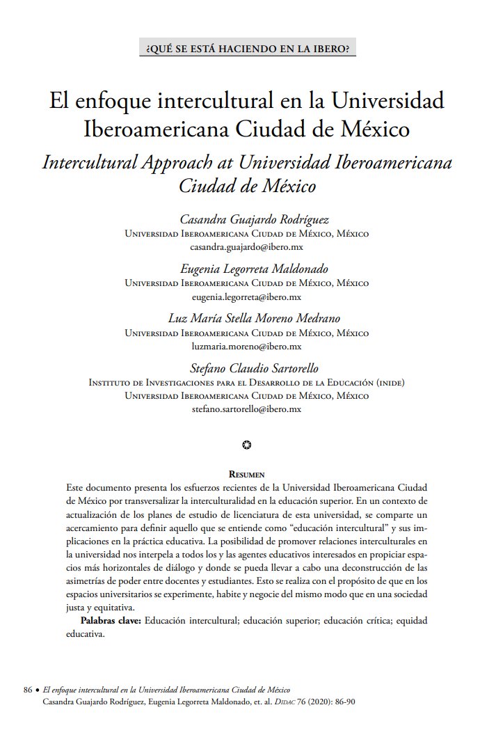 INIDEdelaUIA's tweet photo. #Publicación |En este #Artículo, Casandra Guajardo, Eugenia Legorreta, @luzma_moreno y Stefano Sartorello hablan sobre los recientes esfuerzos de la @IBERO_mx por transversalizar la #Interculturalidad en la educación superior.
⬇️Descarga: https://t.co/Ekv3cp0r58
#CompromisoINIDE https://t.co/QKfhONU2Wb