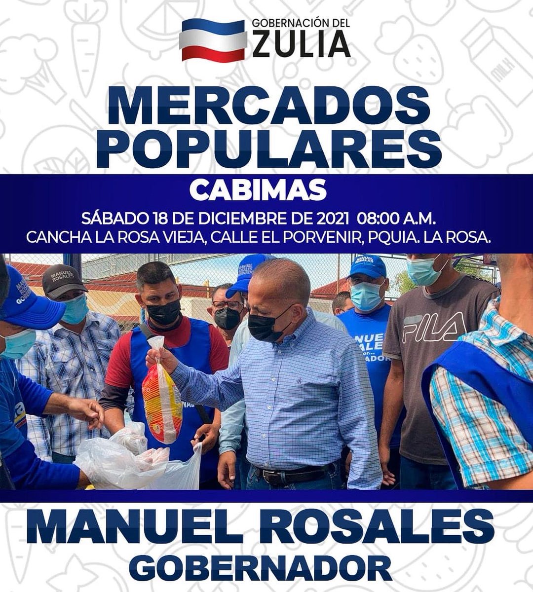 manuelrosalesg's tweet photo. Este sábado #18Dic vuelven los Mercados Populares, las Jornadas Sociales y Clínicas Móviles para nuestra gente de #Cabimas ¡Seguimos atendiendo y beneficiando a las familias zulianas! https://t.co/H1uBMv8wcO