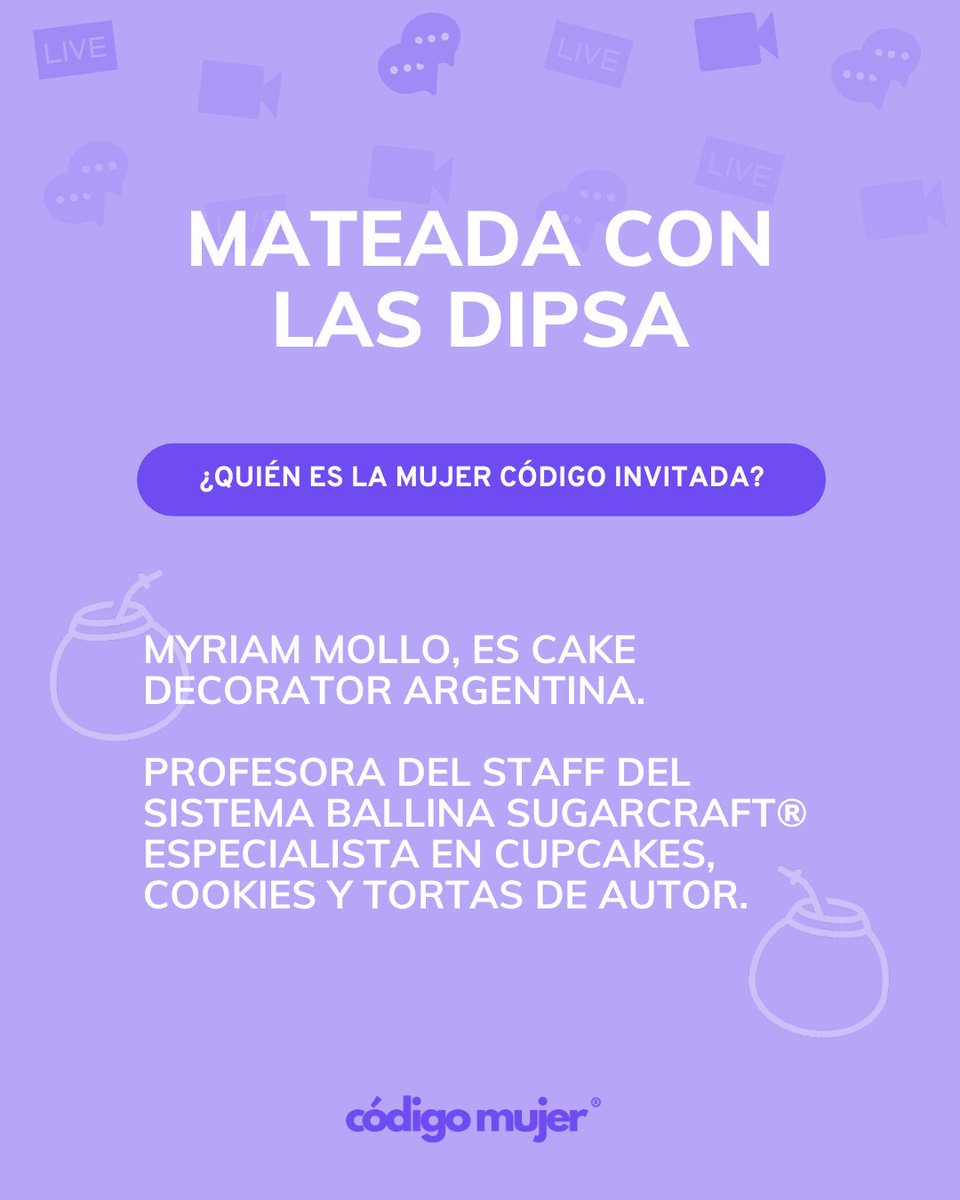 lasdipsa's tweet photo. Myriam Mollo es la #MujerCodigo de este sábado en #MateadaConLasDipsa 🧉
📆 Sábado 18 de diciembre
🕕 19 hs (ARG)
📱 Por el Instagram de https://t.co/tClVf3kNOs
😘 Besooos y las esperamooos!!! @milidipsa y @belendipsa
Sumate a la comunidad de #MujeresCodigo en @codigomujertv 💜✨ https://t.co/FkyWD676ob