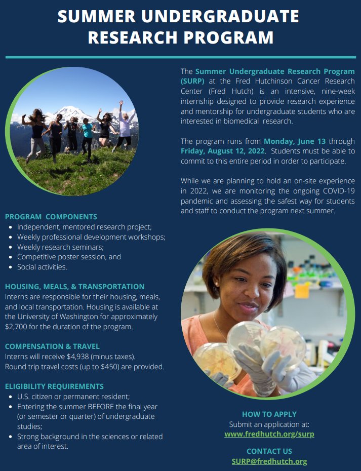 Fred Hutch Computational Biology is gearing up to host a bunch of undergraduate interns this summer. If you are an undergrad interested in the intersection of 💻and🧬, or if you know one, please check it out! SURP is a phenomenal experience.