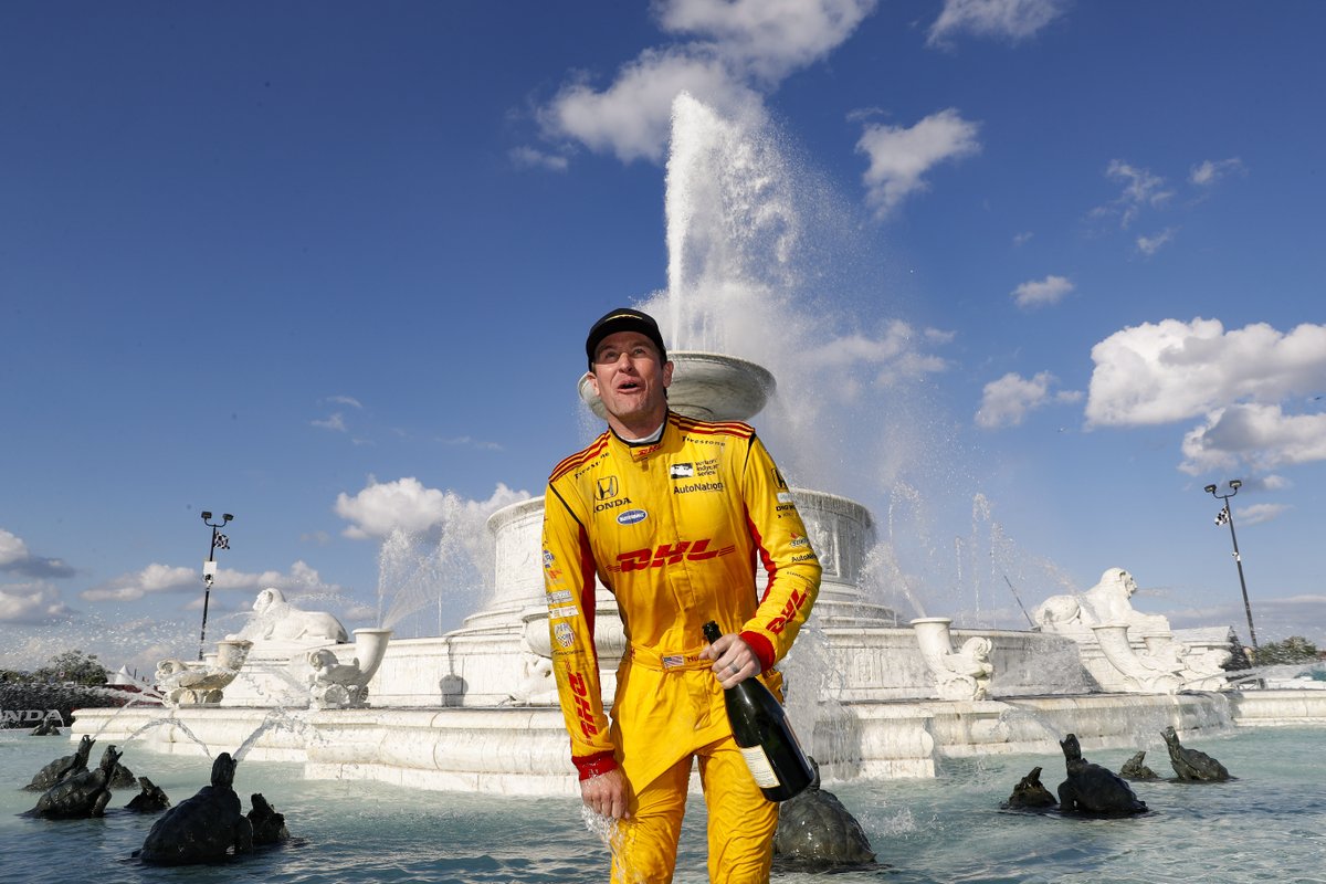 detroitgp's tweet photo. Happy Birthday wishes to @RyanHunterReay from #DetroitGP! We present a frigid flashback to 2018 on Belle Isle when RHR became the first @INDYCAR driver to celebrate a @Chevrolet #DualInDetroit win with a chilly dip in Scott Fountain – a convincing cool tradition! #HBD #FBF https://t.co/OAP5UWuYfX