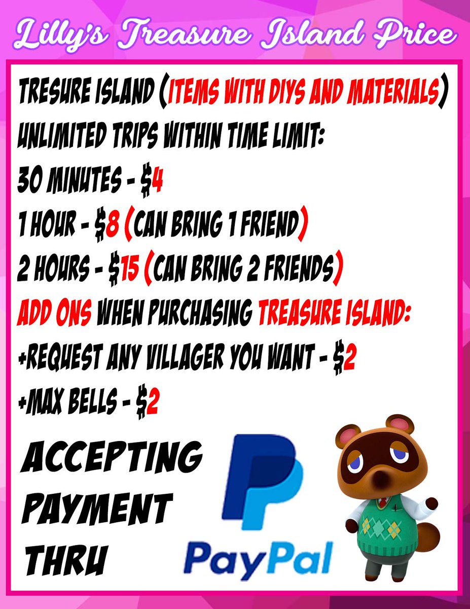 MugiwaraACNH's tweet photo. We are now open! 🟢
Come visit our Treasure Island 🌟
Unli trips within time limit:
30 mins,1 hour,2 hours
Prices are in USD
Zodiac Figs. are now available 😊
#ACNH #AnimalCrossing #acnhtrades #dodocode #TreasureIsland #AnimalCrossingNewHorizons #villagerinboxes https://t.co/Y47uEFlTaH