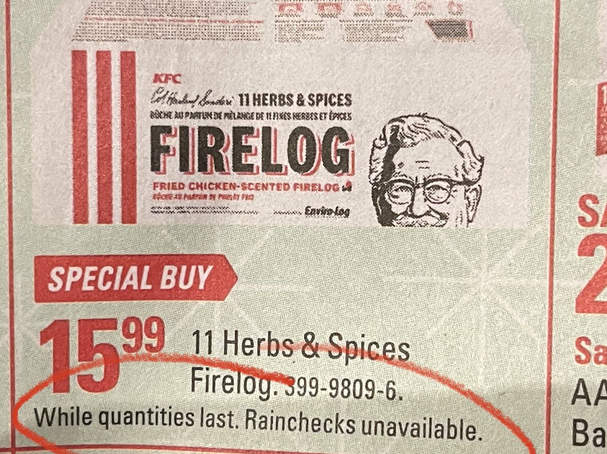 AnwarKnight's tweet image. Yes,I was just thinking to myself🤔, man I wish someone could invent a KFC scented fire log.  AND take note  “limited quantities and rainchecks unavailable.”!!!!!  #NotAYuleLog #GreaseFire? 😜