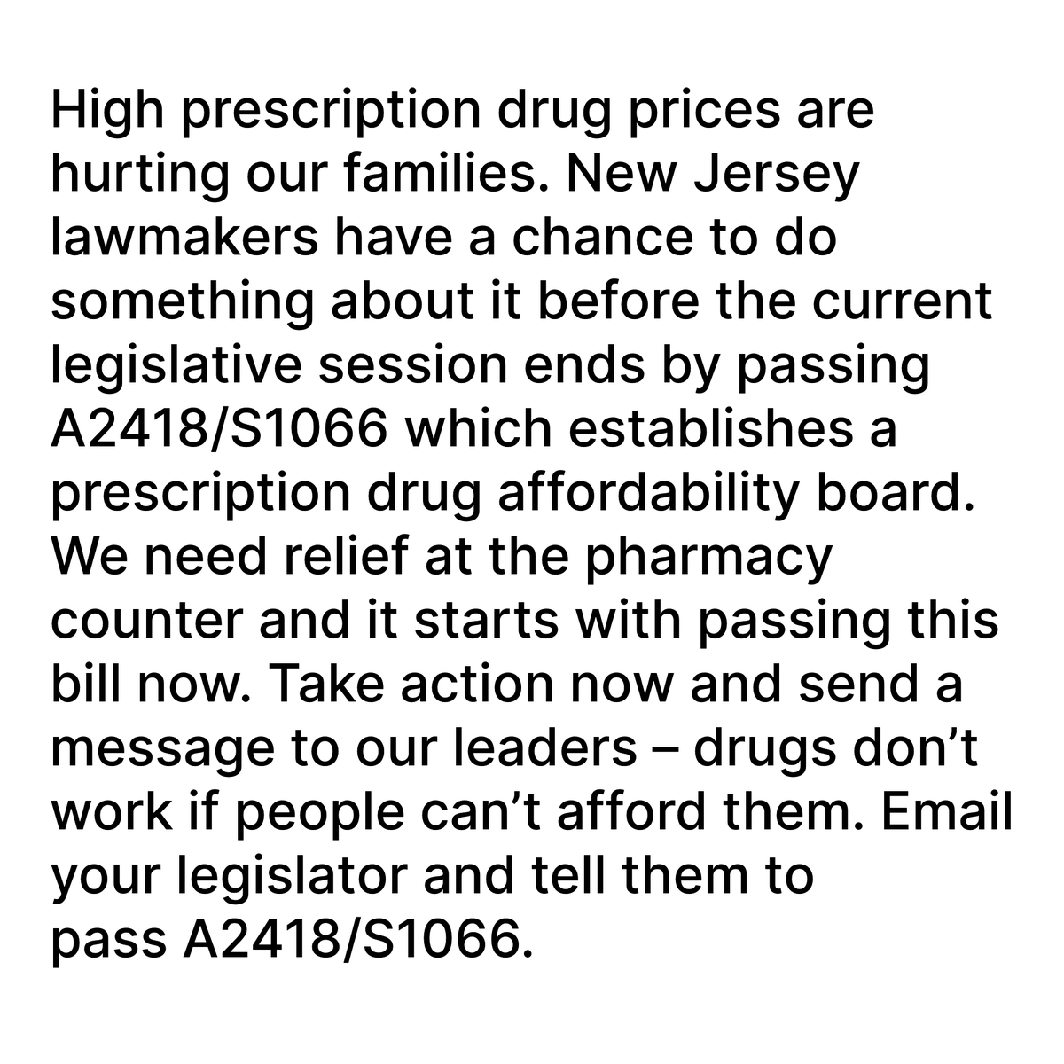 naacpnjsc's tweet image. Take action now and send a message to our leaders – drugs don’t work if people can’t afford them. Email your legislator and tell them to pass A2418/S1066.