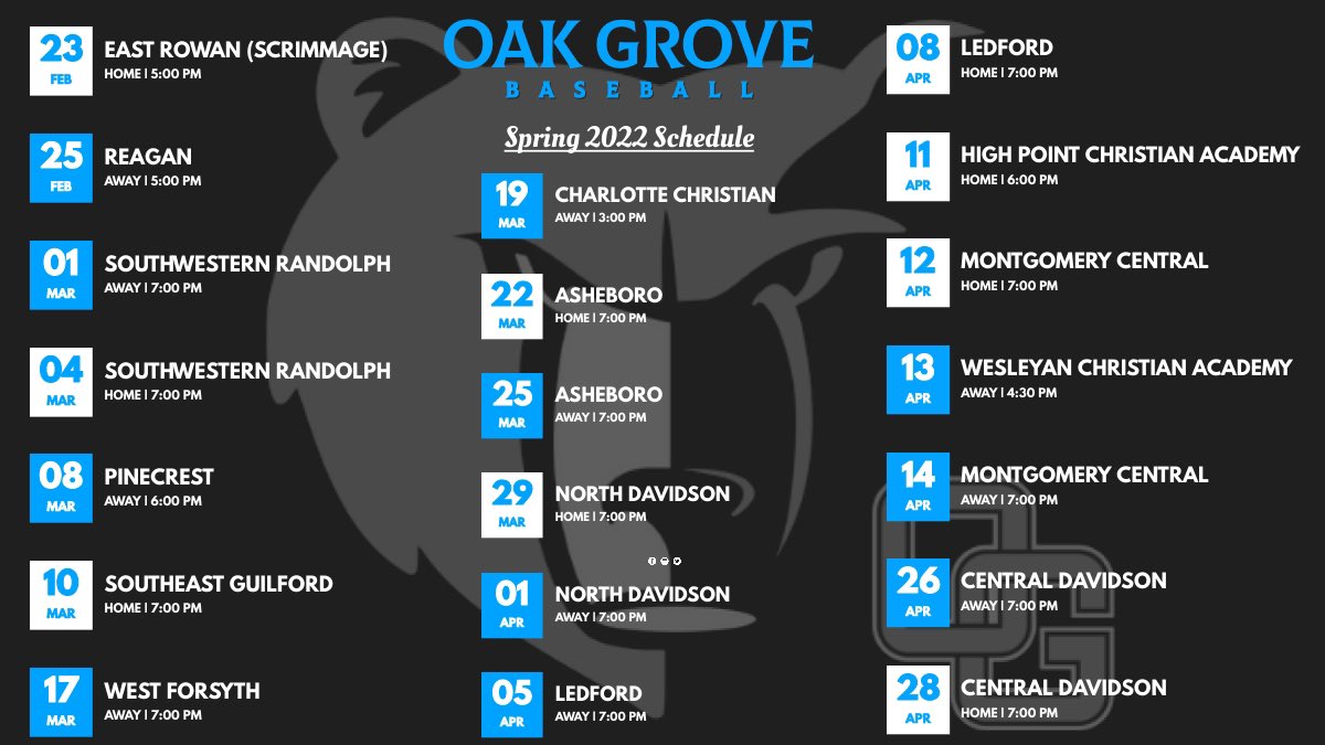 🚨The Oak Grove Baseball 2022 Spring schedule is stacked with some great competition!🚨
Who is ready for some Grizzlies baseball?! 🐻⚾️ #BeOG #BearDown