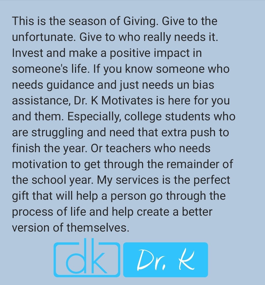 Happy Holidays!! Remember, Jesus is the Reason for the Season! Give an helping hand to someone. It will make their day! As always, Dr. K Motivates is here for you!
#DrKMotivates 
#fypage 
#lifecoach 
#mentor