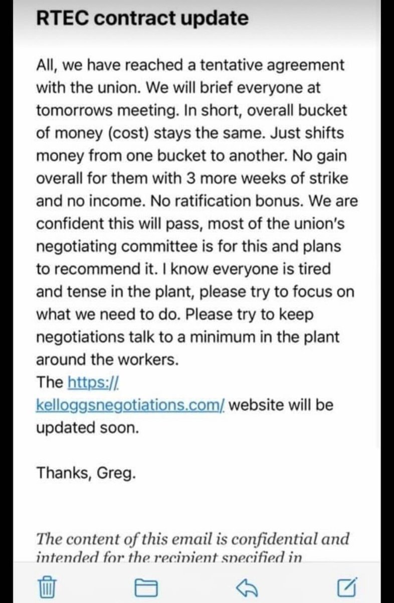 SCOOP: A Kellogg’s executive sent this email to other members of Kellogg’s management, bragging about the new tentative deal to end the 10-week strike.

“In short… no overall gain for [workers] with 3 more weeks of strike and no income. No ratification bonus.”